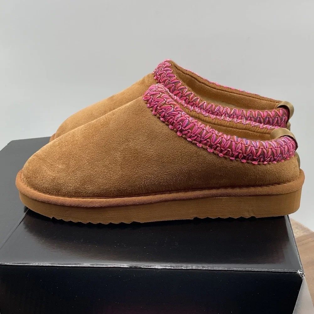 Steve Madden Kids Chestnut Suede Slippers Pink Purple Braided Trim Slip On